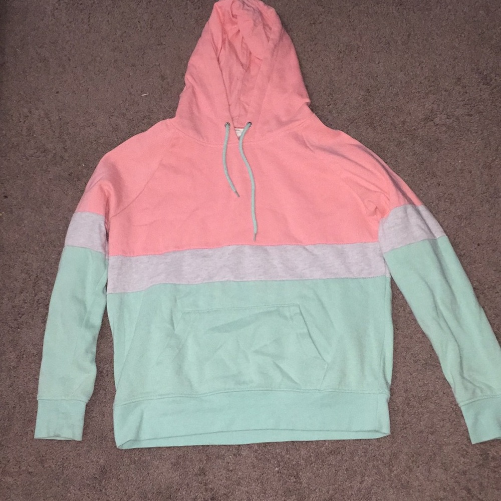 Pink, gray, and turquoise hoodie.